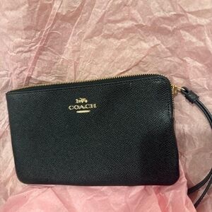 Coach Black Leather Wristlet with Gold Accents